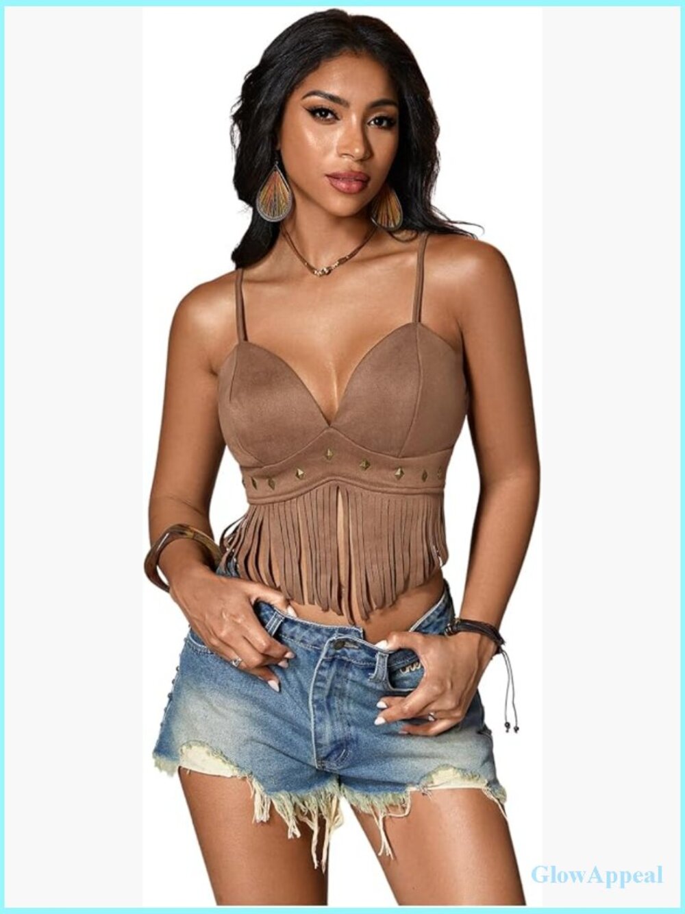 Sleeveless Fringe Crop Top with Spaghetti Straps - Y2K Western Boho